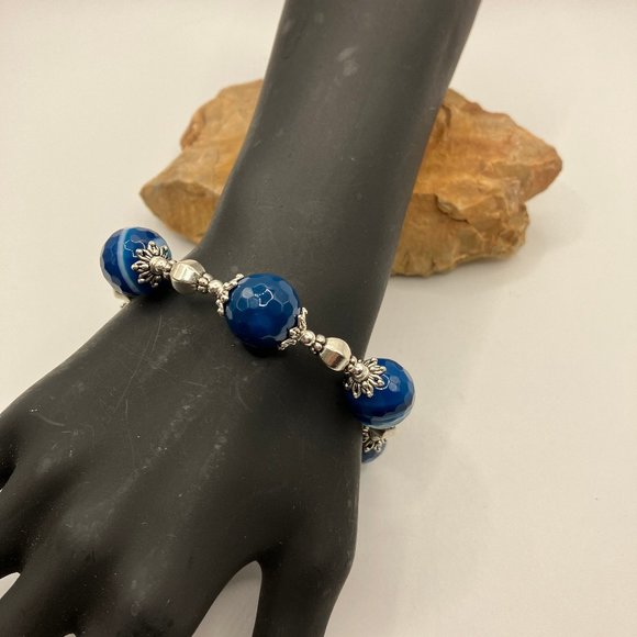 DARK Blue Agate Beaded Bracelet Large Agate Faceted Bead 14mm Grade A NEW - Picture 2 of 13